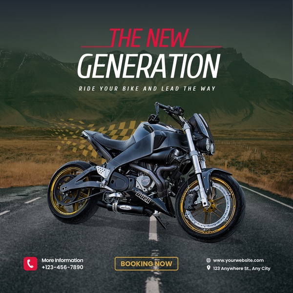 motorcycle, motorbike, bike, street bike, sport bike, product launch, brand awareness, outdoor, modern typography, bold, energetic, neutral, red, gold